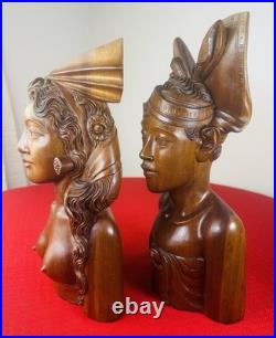 Vtg 1930s Bali Teak Wood Busts 13 Pair Hand-Carved Balinese Sculpture Man Woman