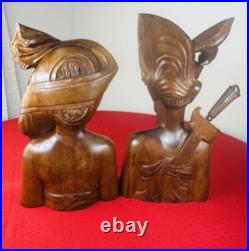 Vtg 1930s Bali Teak Wood Busts 13 Pair Hand-Carved Balinese Sculpture Man Woman