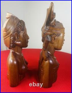 Vtg 1930s Bali Teak Wood Busts 13 Pair Hand-Carved Balinese Sculpture Man Woman
