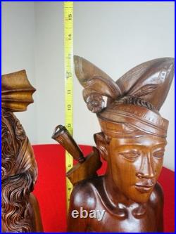 Vtg 1930s Bali Teak Wood Busts 13 Pair Hand-Carved Balinese Sculpture Man Woman