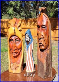 Vtg 3 Rick J Rowley Wood carvings. Native couple from Montana Free Ship US cont