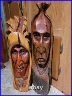 Vtg 3 Rick J Rowley Wood carvings. Native couple from Montana Free Ship US cont Vtg 3 Rick J Rowley Wood carvings. Native couple from Montana Free Ship US cont