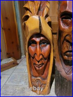 Vtg 3 Rick J Rowley Wood carvings. Native couple from Montana Free Ship US cont