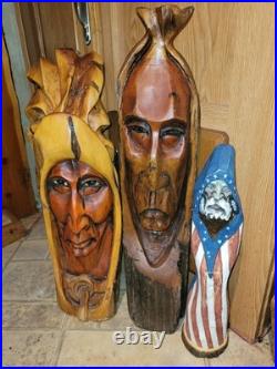 Vtg 3 Rick J Rowley Wood carvings. Native couple from Montana Free Ship US cont