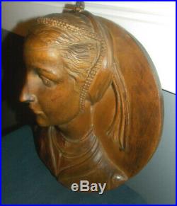 Vtg 3d Hand Carved Woodrenaissance Woman's Bustwall Plaque/sculpture! 12 X 11
