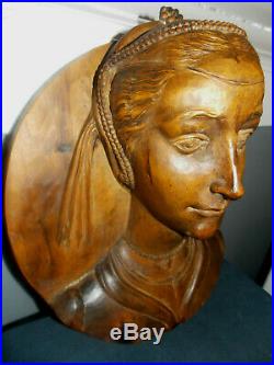 Vtg 3d Hand Carved Woodrenaissance Woman's Bustwall Plaque/sculpture! 12 X 11