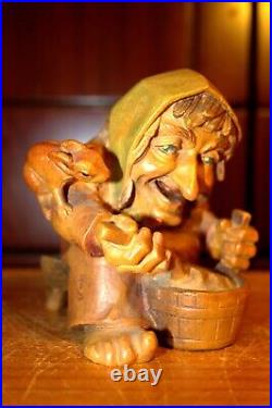 Vtg 4.6 Anri Wood Carving Hand Carved Old Witch Salvans Figure Sculpture Statue