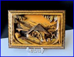 Vtg Art Wood Carving Diorama Wall Decor Cottage Water Wheel 12.5x 8.5 READ