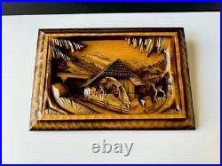 Vtg Art Wood Carving Diorama Wall Decor Cottage Water Wheel 12.5x 8.5 READ