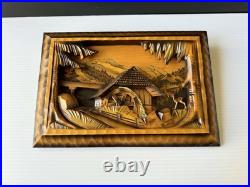 Vtg Art Wood Carving Diorama Wall Decor Cottage Water Wheel 12.5x 8.5 READ