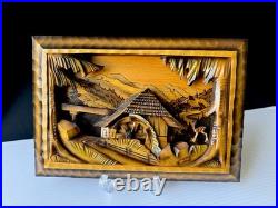 Vtg Art Wood Carving Diorama Wall Decor Cottage Water Wheel 12.5x 8.5 READ