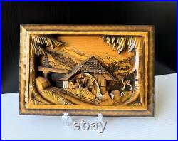 Vtg Art Wood Carving Diorama Wall Decor Cottage Water Wheel 12.5x 8.5 READ