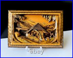 Vtg Art Wood Carving Diorama Wall Decor Cottage Water Wheel 12.5x 8.5 READ