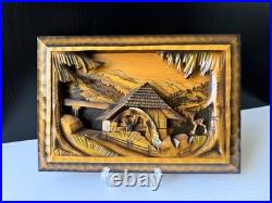 Vtg Art Wood Carving Diorama Wall Decor Cottage Water Wheel 12.5x 8.5 READ