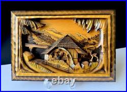 Vtg Art Wood Carving Diorama Wall Decor Cottage Water Wheel 12.5x 8.5 READ