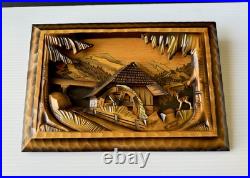 Vtg Art Wood Carving Diorama Wall Decor Cottage Water Wheel 12.5x 8.5 READ