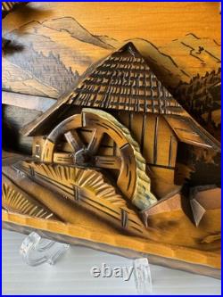 Vtg Art Wood Carving Diorama Wall Decor Cottage Water Wheel 12.5x 8.5 READ