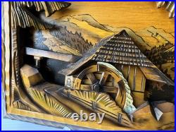 Vtg Art Wood Carving Diorama Wall Decor Cottage Water Wheel 12.5x 8.5 READ