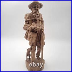 Vtg European Hand Carved Wooden Folk Art Sculpture Traveling Homeless Man with Dog