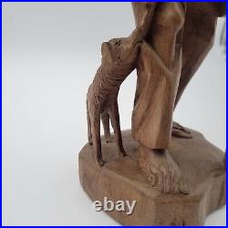 Vtg European Hand Carved Wooden Folk Art Sculpture Traveling Homeless Man with Dog