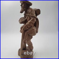 Vtg European Hand Carved Wooden Folk Art Sculpture Traveling Homeless Man with Dog