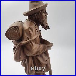 Vtg European Hand Carved Wooden Folk Art Sculpture Traveling Homeless Man with Dog