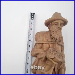 Vtg European Hand Carved Wooden Folk Art Sculpture Traveling Homeless Man with Dog