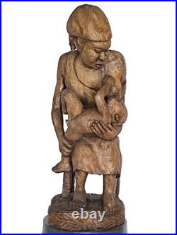 Vtg Haitian Folk Art Wood Log Sculpture. Nursing Mother & Child. 26. Signed