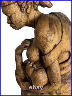 Vtg Haitian Folk Art Wood Log Sculpture. Nursing Mother & Child. 26. Signed