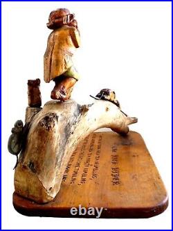 Vtg Hand Carved Wood Folk Art Carving/Sculpture, Pied Piper of Hamelin, BNJ 1970