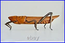 Vtg Mid Century Modern Carved Wood Brass Folk Art Grasshopper Sculpture Sarreid