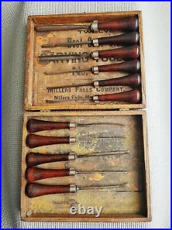 Vtg Millers Falls #3 Best Wood Carving Tool Chisels Set with Rosewood Handle & Box