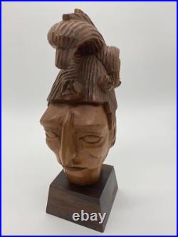 Vtg Pinal Carved Wood Sculpture Mexican Folk Art Statue Warrior Signed Aztec MCM
