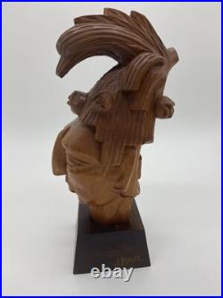 Vtg Pinal Carved Wood Sculpture Mexican Folk Art Statue Warrior Signed Aztec MCM
