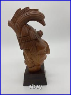 Vtg Pinal Carved Wood Sculpture Mexican Folk Art Statue Warrior Signed Aztec MCM