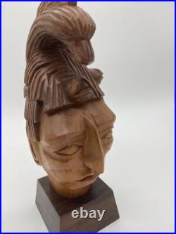 Vtg Pinal Carved Wood Sculpture Mexican Folk Art Statue Warrior Signed Aztec MCM