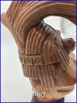 Vtg Pinal Carved Wood Sculpture Mexican Folk Art Statue Warrior Signed Aztec MCM