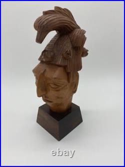 Vtg Pinal Carved Wood Sculpture Mexican Folk Art Statue Warrior Signed Aztec MCM
