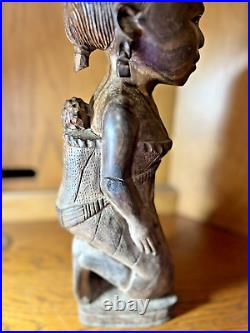 Vtge Wood Hand Carved Woman W Baby Statue 15 T 5 Base From Cameroon W. Africa