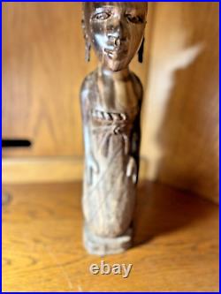 Vtge Wood Hand Carved Woman W Baby Statue 15 T 5 Base From Cameroon W. Africa