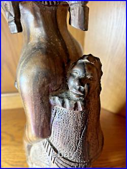 Vtge Wood Hand Carved Woman W Baby Statue 15 T 5 Base From Cameroon W. Africa