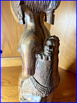 Vtge Wood Hand Carved Woman W Baby Statue 15 T 5 Base From Cameroon W. Africa