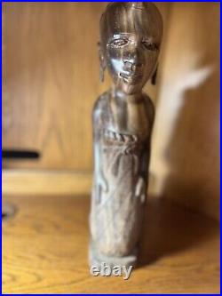 Vtge Wood Hand Carved Woman W Baby Statue 15 T 5 Base From Cameroon W. Africa