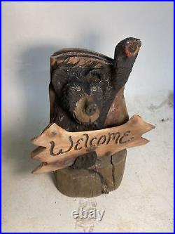 WAVING BEAR Chainsaw Carving Wood BEAR CUB Statue 15.5 Tall ORIGINAL ART Welcome