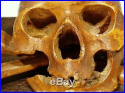 WWII Trench Art Skull & Crossbones -Hand Carved German Natzi Wood Sculpture