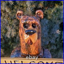 White Pine Chainsaw Carved Custom Sign Bear Folk Art Carving Sculpture OOAK