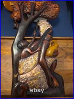 Wood Black FOLK ART Hand Carved Woman Child 22 1/2 Wood & Metal Plaque