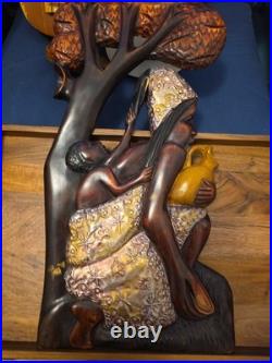 Wood Black FOLK ART Hand Carved Woman Child 22 1/2 Wood & Metal Plaque