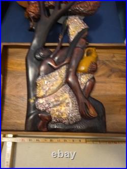 Wood Black FOLK ART Hand Carved Woman Child 22 1/2 Wood & Metal Plaque