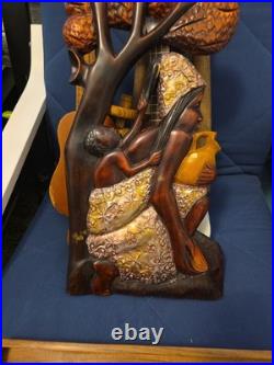 Wood Black FOLK ART Hand Carved Woman Child 22 1/2 Wood & Metal Plaque